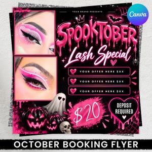 Może przedstawiać: Czarno-różowa ulotka promocyjna zatytułowana Spooktober Lash Special, zawierająca dwa zbliżenia oczu w różowo-białym makijażu, ducha, dwie dynie, czaszkę oraz trzy pola tekstowe na oferty z wymaganym depozytem w wysokości 20 $.