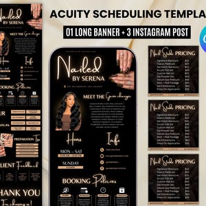 May include: A digital marketing template set for a nail studio featuring a long banner and three Instagram posts. The black and gold design includes text for Nailed By Serena, business hours, booking policies, services, and pricing lists.