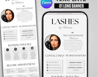 May include: A digital Acuity scheduling template for a lash business featuring a long banner layout. The design includes sections for contact info, business hours, booking policies, and appointment preparation, all displayed in a clean black and white aesthetic.