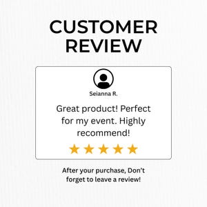 May include: A white background with the words "CUSTOMER REVIEW" in bold black letters. Below is a white rectangle with a customer review, including a profile icon, the name "Seianna R.", and a 5-star rating.