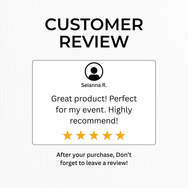 May include: A white background with the words "CUSTOMER REVIEW" in bold black letters. Below is a white rectangle with a customer review, including a profile icon, the name "Seianna R.", and a 5-star rating.