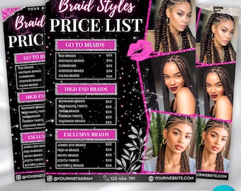 Braids Pricelist, Hair Styles Braiding Price Guide, Beauty Salon Price Sheet, Hair, Lash, Nail, Braids, Makeup Price list, Canva Editable