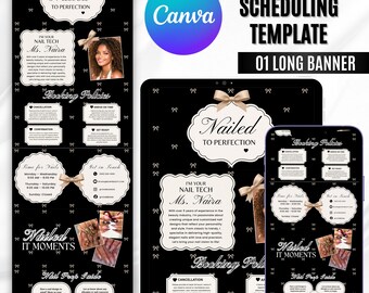 May include: A digital Canva template for a long nail technician banner featuring a black background with white bow patterns, cream-coloured text boxes, and sections for booking policies, contact information, and nail prep guides.