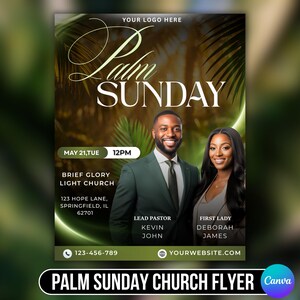 Könnte beinhalten: Ein Flyer für den Palmsonntag mit einem grünen und goldenen Design. Der Text "Palm Sunday" ist deutlich sichtbar. Der Flyer enthält Datum, Uhrzeit und Ort der Veranstaltung sowie Bilder eines Mannes und einer Frau. Der untere Teil des Flyers lautet "Palm Sunday Church Flyer".