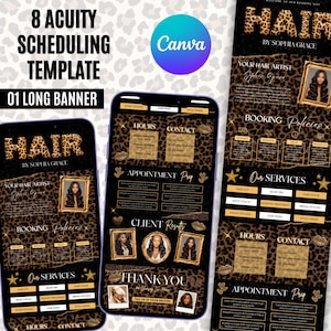 May include: A digital template for hair salon scheduling, featuring a leopard print design. The template includes sections for booking policies, services, hours, and contact information. The text "HAIR" is prominently displayed.