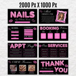 K&ouml;nnte beinhalten: Ein Set aus acht schwarzen digitalen Vorlagen f&uuml;r einen Friseursalon mit flauschigem rosa Text und Lippen-Symbolen. Die Abschnitte umfassen NAILS by Olivia Lane, Meet Olivia Lane, Hours, Contact, Location, Booking Policies, Appt Prep, Our Services, Client Reviews und Thank You.