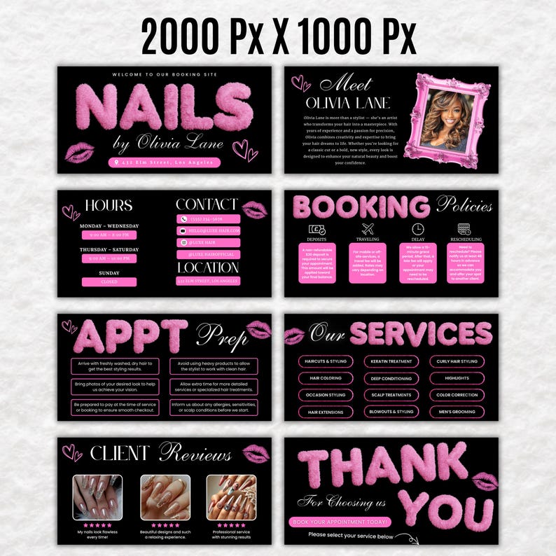 K&ouml;nnte beinhalten: Ein Set aus acht schwarzen digitalen Vorlagen f&uuml;r einen Friseursalon mit flauschigem rosa Text und Lippen-Symbolen. Die Abschnitte umfassen NAILS by Olivia Lane, Meet Olivia Lane, Hours, Contact, Location, Booking Policies, Appt Prep, Our Services, Client Reviews und Thank You.