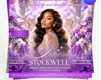 May include: A memorial flyer featuring a portrait of a person with long dark hair, surrounded by purple flowers, white doves, and golden gates. Text includes CELEBRATING, FOREVER REMEMBERED, JULIANA STOCKWELL, SUNRISE MAY 10, 1980, SUNSET MAY 20, 2027.