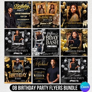 May include: A bundle of eight birthday party flyers with various designs. Each flyer features a photo of a person, event details, and decorative elements like balloons and gold accents. The flyers are designed for different birthday celebrations.