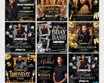 Birthday Party Flyer Bundle, Men's Birthday Flyer, Girls Birthday Party Flyer, Birthday Celebration, Birthday Bush, Canva Editable