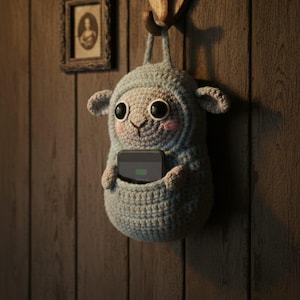 May include: A light blue crochet sheep-shaped phone holder hanging on a wooden wall. The sheep has large black eyes, pink cheeks, and holds a phone with a charging indicator. The text "CHOICEFLOW" and "Ideas for Effortless Living" are at the top.