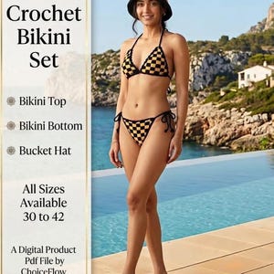 May include: A crochet bikini set in black and yellow checkered pattern, including a bikini top, bikini bottom, and bucket hat. The text on the image says "Crochet Bikini Set" and "All Sizes Available 30 to 42".