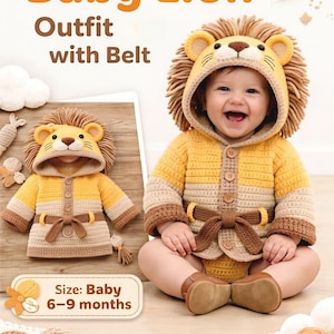 Könnte beinhalten: Ein gehäkeltes Baby-Löwen-Outfit mit Kapuze und Gürtel. Das Outfit ist gelb und beige mit einem Löwenmähnen-Design um die Kapuze. Das Outfit ist für Babys im Alter von 6-9 Monaten konzipiert. Das Bild zeigt auch ein Baby, das das Outfit trägt.