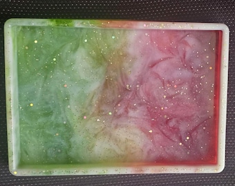 Handmade Resin Rolling Tray | Pink Green Marble Glitter Catchall Holder