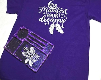 Manifest Your Dreams Shirt & Matching Rolling Tray Set | Purple Cannabis Leaf Tee | 420 Gift for Her | Stoner Girl Gift |