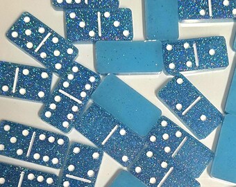 Iridescent Blue Glitter Resin Dominoes Set | Sparkly Handmade Game Night Tiles