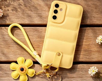 Samsung Galaxy Phone Case Puffer Sunflower Wrist Strap Luxury Cover S25 S24 Ultra