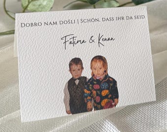 Personalisierte Tischkarten mit Kindheitsfoto Kindheitsbilder | Hochzeit Platzkarten, Standesamt & Verlobung | türkisch deutsch mehrsprachig