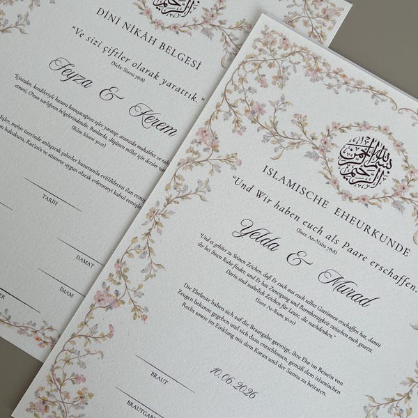 Islamic Marriage Certificate, Floral Design, A4 Format | Personalized Nikah Certificate | German-Turkish | Deckle Edge Textured Paper