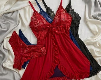 3 Sets 6 Piece Lingerie, Lace Babydoll Nightgown, Red Blue Black, Sheer Mesh