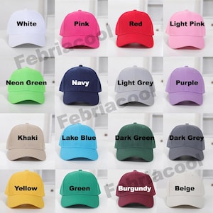 May include: A grid of baseball caps in various colors, including white, pink, red, light pink, neon green, navy, light grey, purple, khaki, lake blue, dark green, dark grey, yellow, green, burgundy, and beige. Each cap has a curved brim.