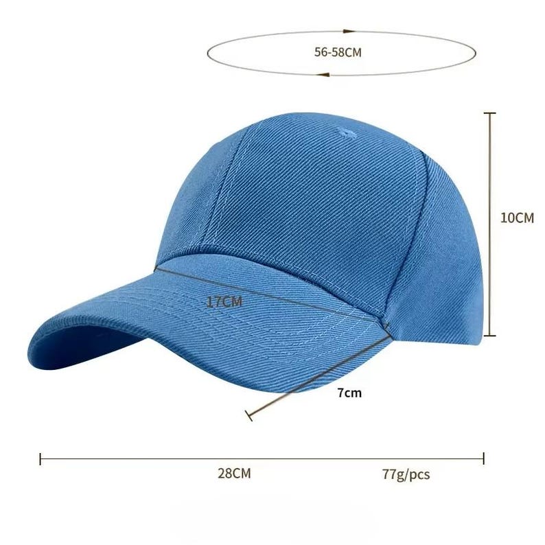 May include: A light blue baseball cap with a curved brim. The cap measures 10cm in height, 17cm in brim length, and 28cm in width. The cap's circumference is 56-58cm. The cap weighs 77g.