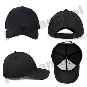 May include: A set of four views of a black baseball cap. The cap has a curved brim, a structured crown, and an adjustable strap at the back. The interior is white.