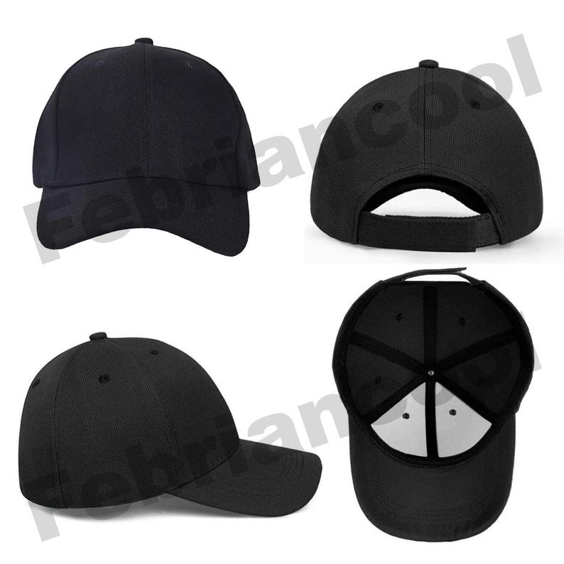 May include: A set of four views of a black baseball cap. The cap has a curved brim, a structured crown, and an adjustable strap at the back. The interior is white.