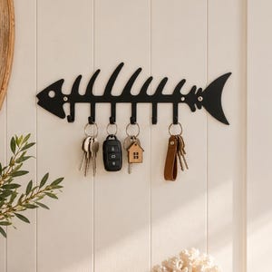 Fish Bone Key Holder, Black Metal Wall Hooks, Fish Skeleton Decor, Entryway Key Rack, Coastal Home Decor, Fisherman Gift
