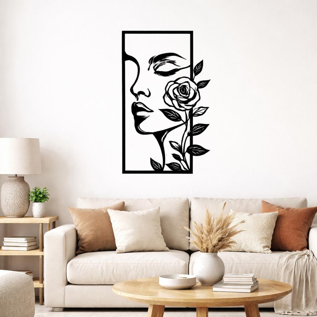 Minimalist Woman Face Metal Wall Art, Rose Flower Line Art Decor ...