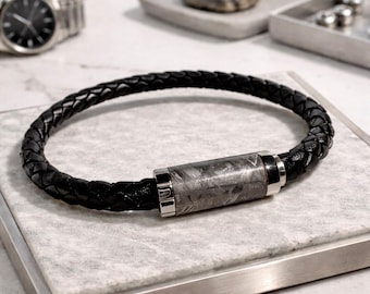 Genuine Leather Bracelet with Muonionalusta Meteorite 21 cm Premium Braided Leather Wittmannstätten Pattern Certificate Jewelry Box