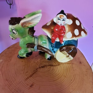 Vintage Green Donkey Pulling A Mushroom Cart with a Pixie Elf 1950's