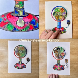 May include: A colorful, hand-drawn illustration of a desk fan. The fan features a stained-glass design with red, blue, yellow, and green accents. The switch reads "OFF". The fan is plugged into a wall outlet. The image is on a white background.