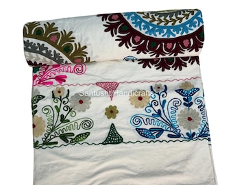 Indian Suzani Cotton Quilt, Floral Embroidery, Queen Size Bedding Throw, Hippie Home Decor