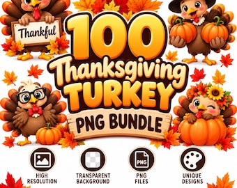 Peut inclure: Un ensemble graphique numérique comprenant 100 illustrations de dindes de Thanksgiving avec des feuilles d'automne, des citrouilles et des panneaux en bois. Le texte indique 100 Thanksgiving TURKEY PNG BUNDLE, HIGH RESOLUTION, TRANSPARENT BACKGROUND, PNG FILES, UNIQUE DESIGNS.