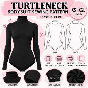 Peut inclure: Un patron de couture pour body à col roulé et manches longues, disponible en tailles XS-XXL. L'image montre le vêtement fini, des croquis techniques du devant et du dos, ainsi que des icônes pour le format PDF et les fermetures à pression.