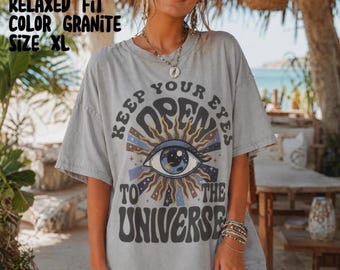 Vintage boho-grafisch T-shirt, shirt Celestial Evil Eye, spiritueel T-shirt comfortkleuren