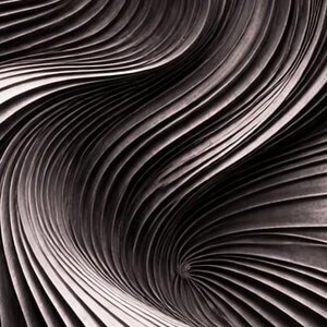May include: Abstract black and white image of a swirling, wave-like pattern. The design features curved lines and a sense of depth, creating a dynamic and textured visual.