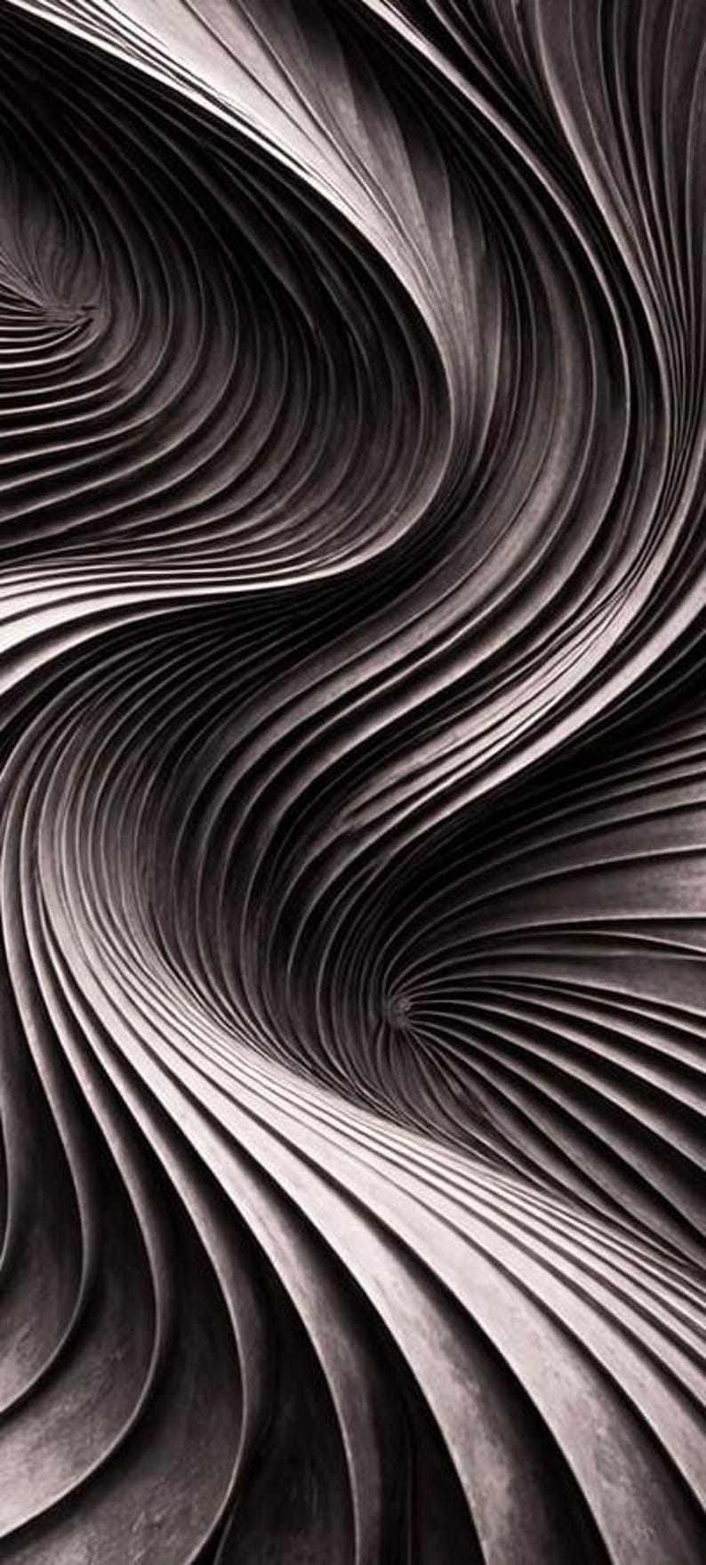 May include: Abstract black and white image of a swirling, wave-like pattern. The design features curved lines and a sense of depth, creating a dynamic and textured visual.