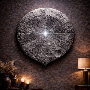 Può includere: Un grande arazzo da parete grigio strutturato con un design centrale a scoppio di stelle luminoso. L'opera d'arte è montata su una parete scura e strutturata. La stanza è decorata con una lampada, vasi, candele e un tavolo di legno.