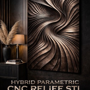May include: A large, brown, abstract wall art piece with a swirling, layered design. The artwork features the text "HYBRID PARAMETRIC CNC RELIEF STL" and icons indicating high detail, tileable design, and instant download.