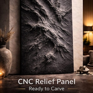 Peut inclure: Panneau de relief CNC gris foncé avec une texture organique, prêt à être sculpté. Le panneau présente un design 3D très détaillé, optimisé pour les machines CNC. Le texte "Organic Texture STL" et "CNC Relief Panel Ready to Carve" sont visibles.