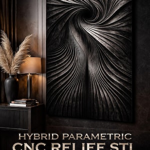 May include: A dark, textured wall art piece with a swirling, spiral design. The artwork is a CNC relief, with the text "HYBRID PARAMETRIC CNC RELIEF STL" at the bottom. The image also includes icons for high detail, tileable design, and instant download.