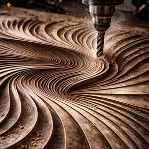 May include: A close-up of a CNC machine carving a spiral pattern into a wooden surface. The drill bit is actively removing wood, creating a detailed, textured design. The wood is a warm brown color, and sawdust is visible.
