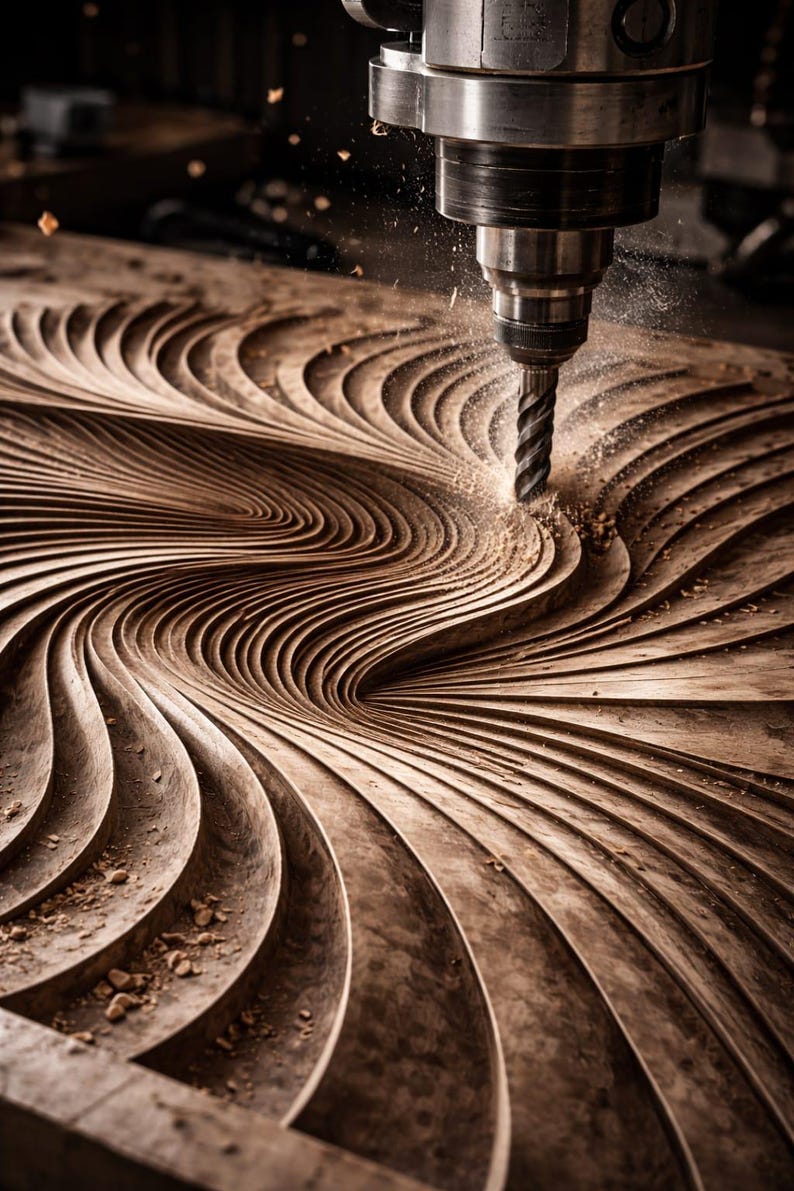 May include: A close-up of a CNC machine carving a spiral pattern into a wooden surface. The drill bit is actively removing wood, creating a detailed, textured design. The wood is a warm brown color, and sawdust is visible.