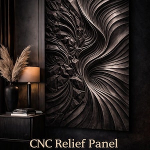 May include: A large rectangular wall panel featuring a hybrid parametric texture with deep, flowing wave patterns on one side and sharp, geometric faceted shapes on the other. The text reads Hybrid Parametric Texture STL and CNC Relief Panel Ready to Carve.