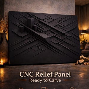 May include: A black architectural wall panel with a geometric relief design. The panel features a complex pattern of lines and shapes, creating a 3D effect. Text on the image reads "Architectural Wall Panel STL" and "CNC Relief Panel Ready to Carve".