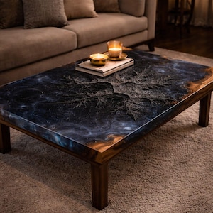 Könnte beinhalten: Rechteckiger Couchtisch mit einer dunkelblauen und schwarzen Epoxidharzplatte mit strukturiertem Design. Der Tisch hat einen Holzrahmen und Beine. Kerzen und Bücher stehen auf dem Tisch, mit einem Sofa im Hintergrund.
