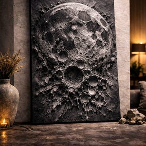 May include: A CNC relief panel featuring a detailed depiction of the moon's surface, with craters and textures. The panel is dark gray and rectangular, with the text "CNC Relief Panel Ready to Carve". The image also includes text that says "High Detail Depth AAID", "STL File Format", and "Optimized for CNC".