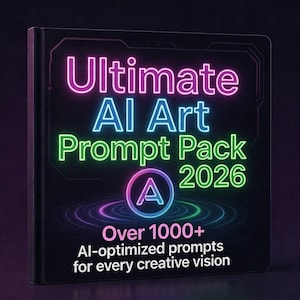Puede incluir: Una portada de libro negra con el título "Ultimate AI Art Prompt Pack 2026" en colores neón. La portada también presenta el texto "Más de 1000+ indicaciones optimizadas por IA para cada visión creativa."